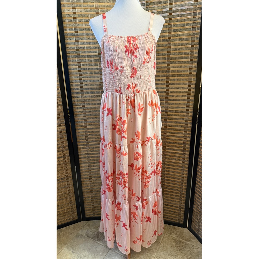 Lane Bryant Maxi Dress Women 16 Pink Floral Smocked Tiered Boho Pockets